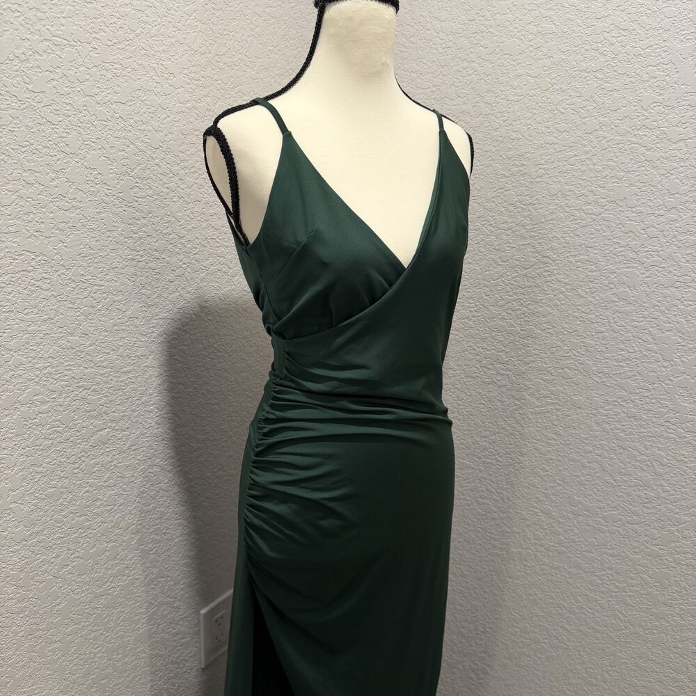Hello Molly Maxi Dress Green Satin Wrap Slit Formal Evening Size Small USA - Picture 3 of 11